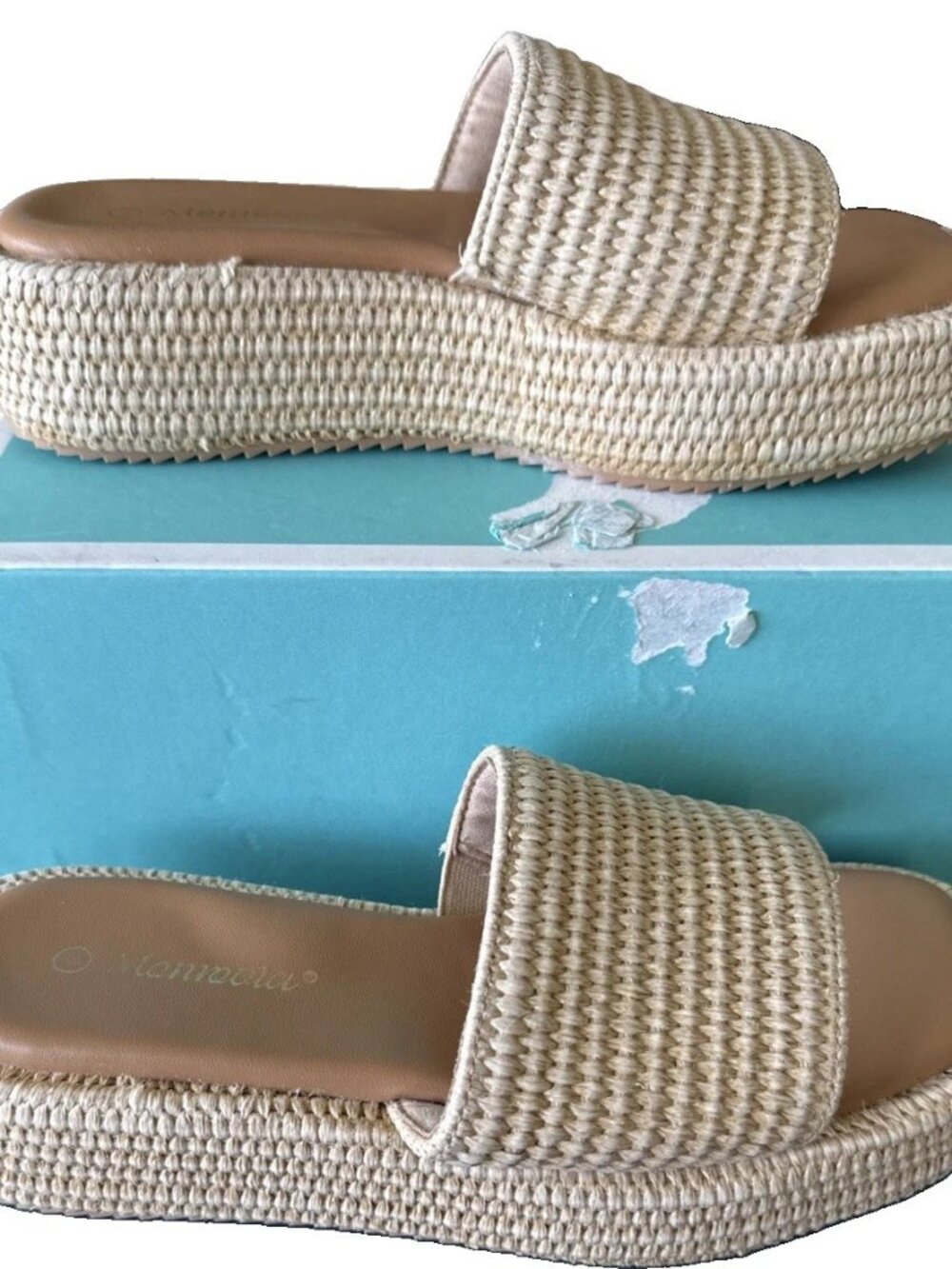 Platform Sandals Raffia Espadrilles Slip On Slides Summer Sz 6 Natural Beige